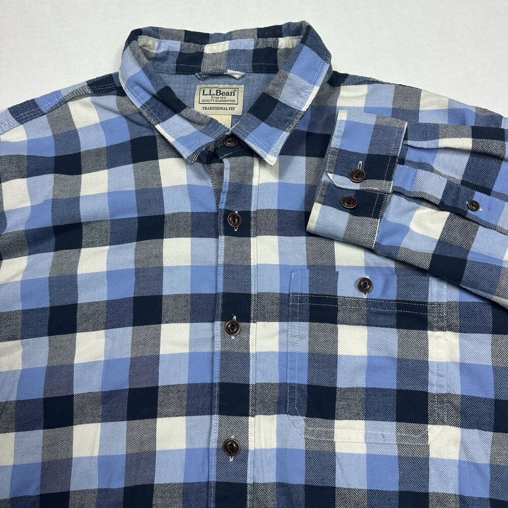 LL Bean BeanFlex All-Season Flannel Shirt Traditional Fit Blue Size Large